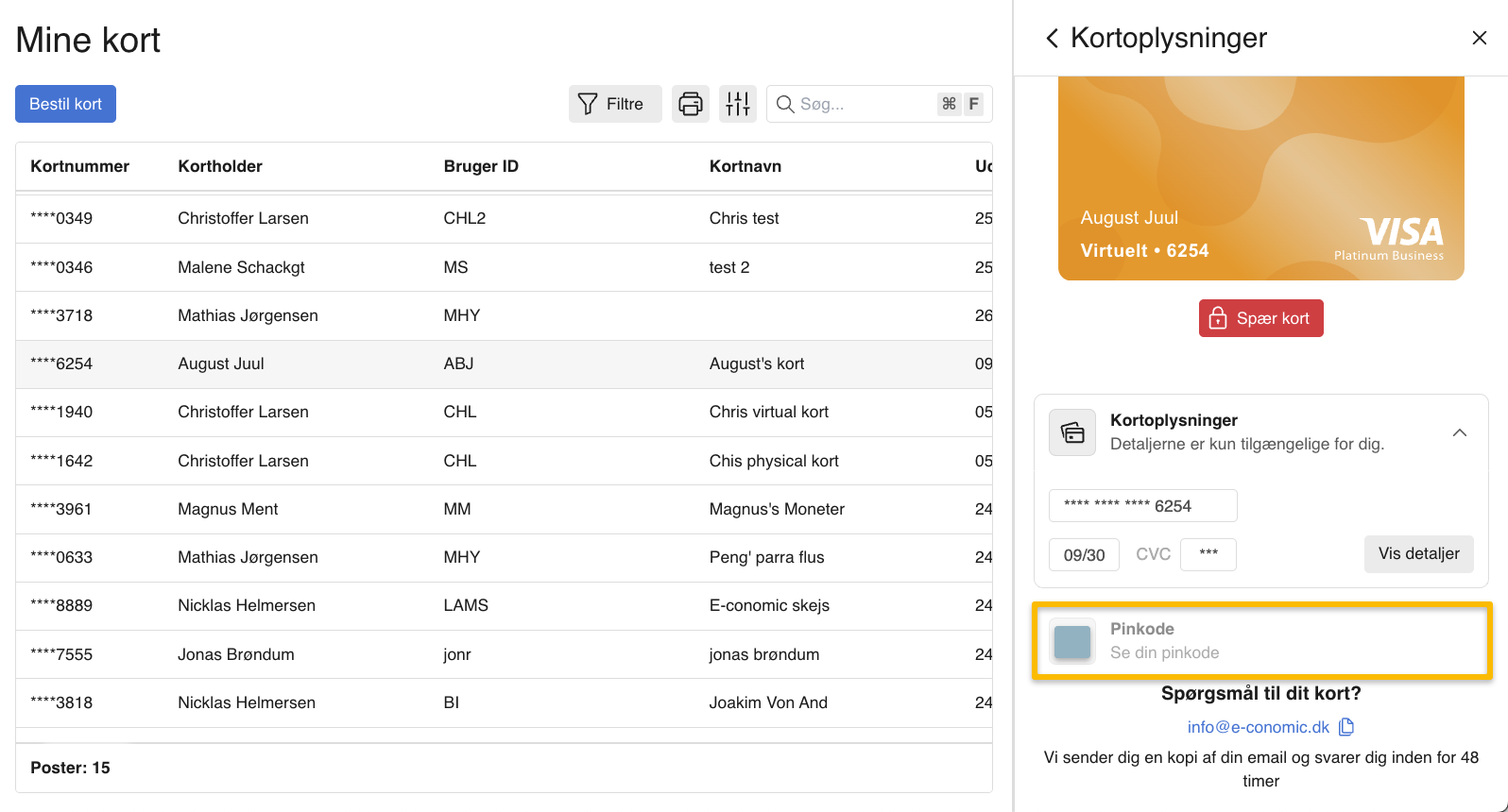 Viser pinkode i Kortoplysninger under Firmakort – bruges til at se kortets pinkode