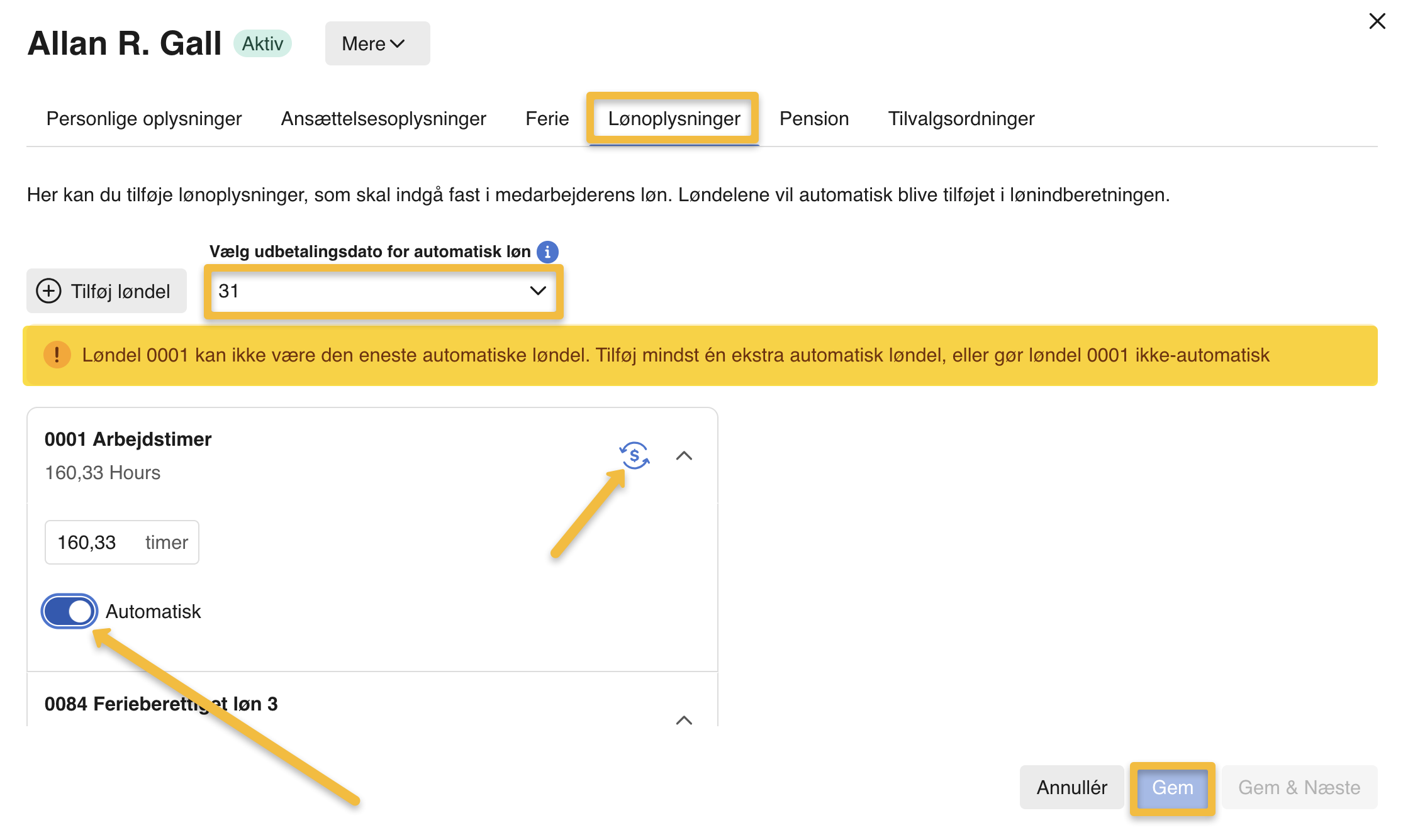 Autoløn: aktiver automatisk løndel