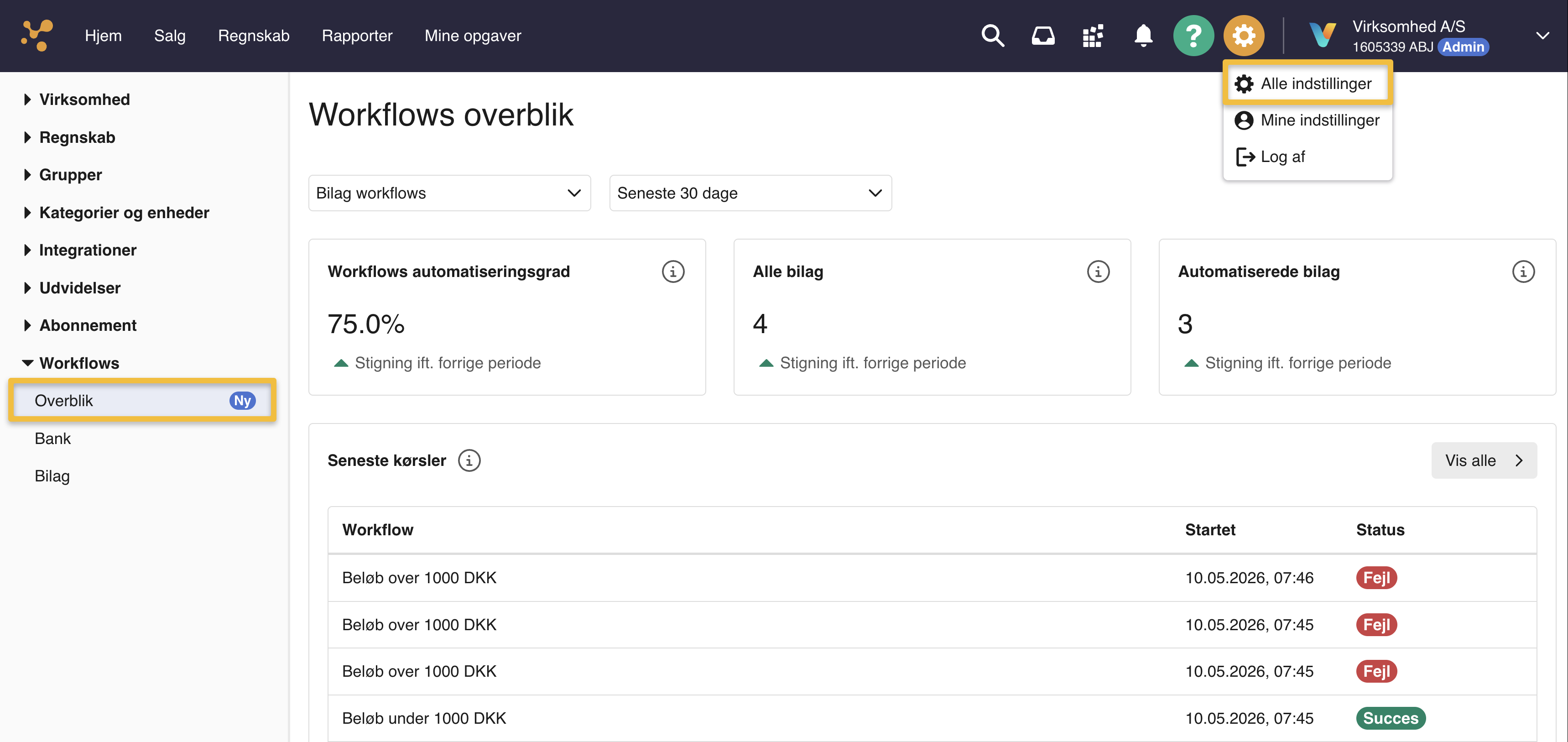 Viser Workflows overblik i Indstillinger – bruges til at monitorere automatiseringsgraden og status på automatiserede processer.