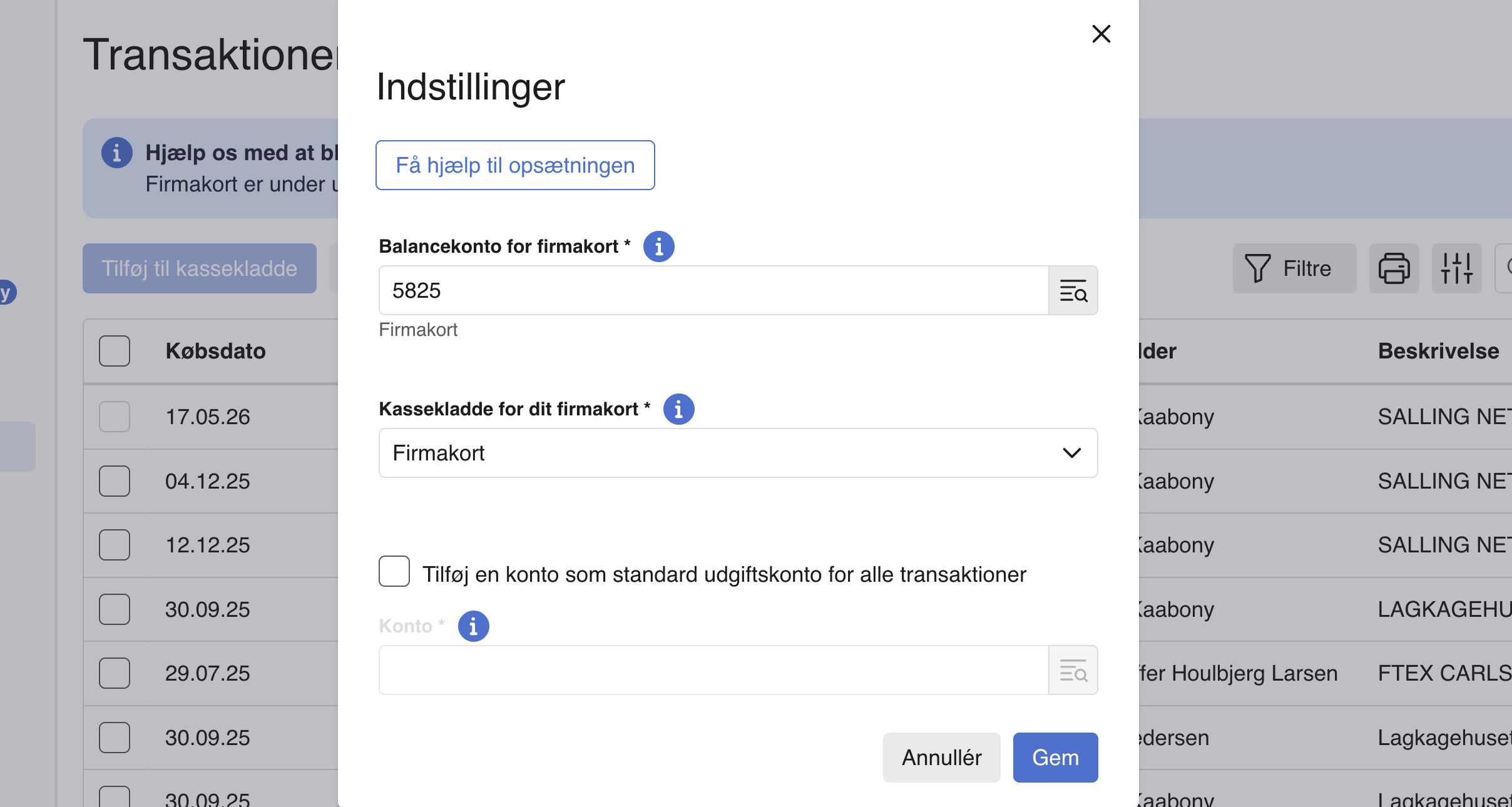 Viser opsætning af balancekonto og kassekladde for firmakort i Transaktioner – bruges til at konfigurere bogføring af firmakorttransaktioner
