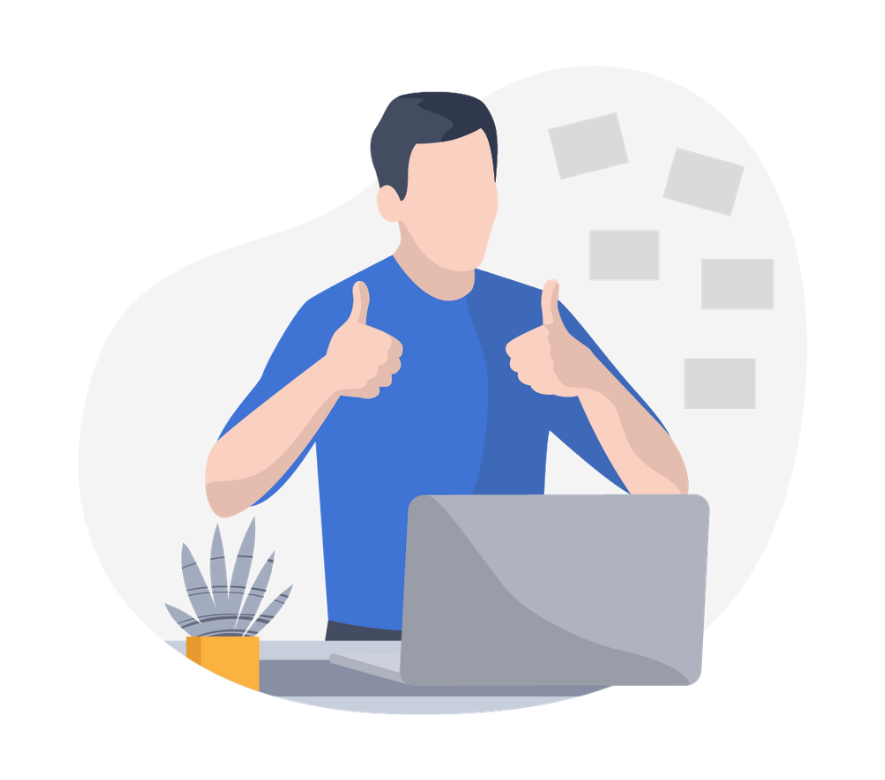 En illustration af en mand, der sidder ved en computer og laver thumbs up