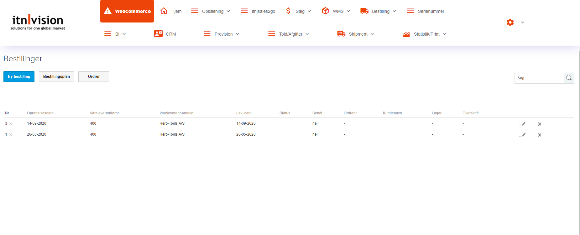 App screenshot: Leverandørbestilling