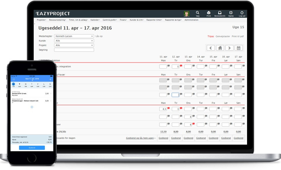 Billede der viser ugeseddel til tidsregistrering i EazyProject på mobil-app og desktop