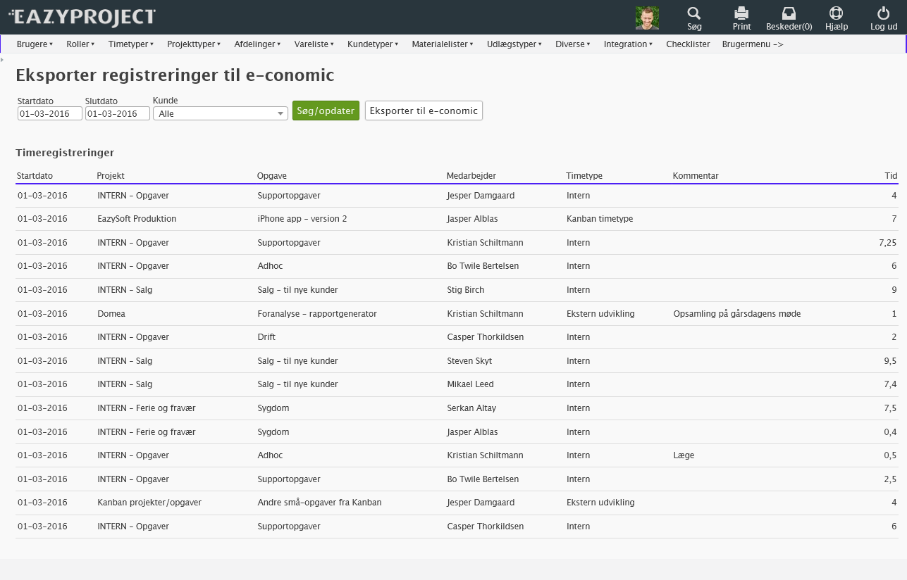 På dette billede ses det hvordan man kan eksporterer fra EazyProject til regnskabsprogrammet