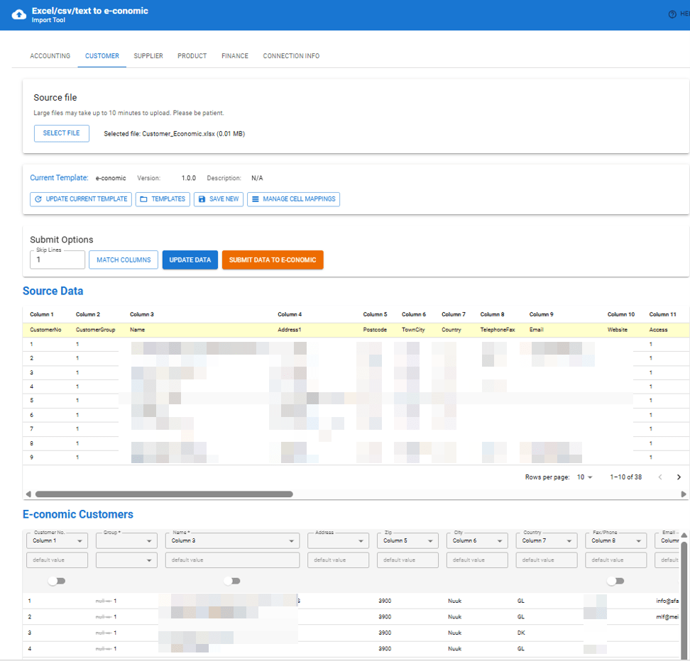 App screenshot: Excel til e-conomic