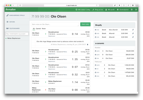 Skærmbillede fra Firmafon telefonsystem