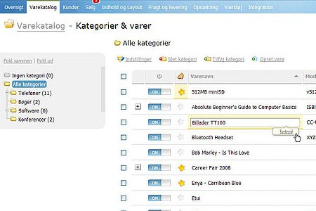 Skærmbillede af varekatalog i OpenBizBox fra Golden Planet