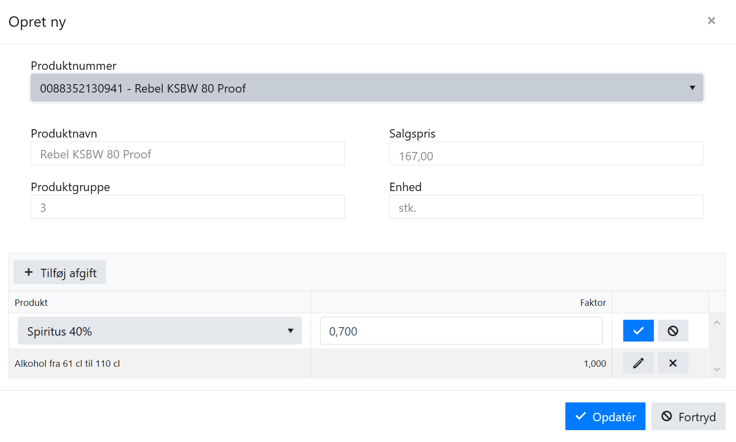 App screenshot: Afgiftsrapportering