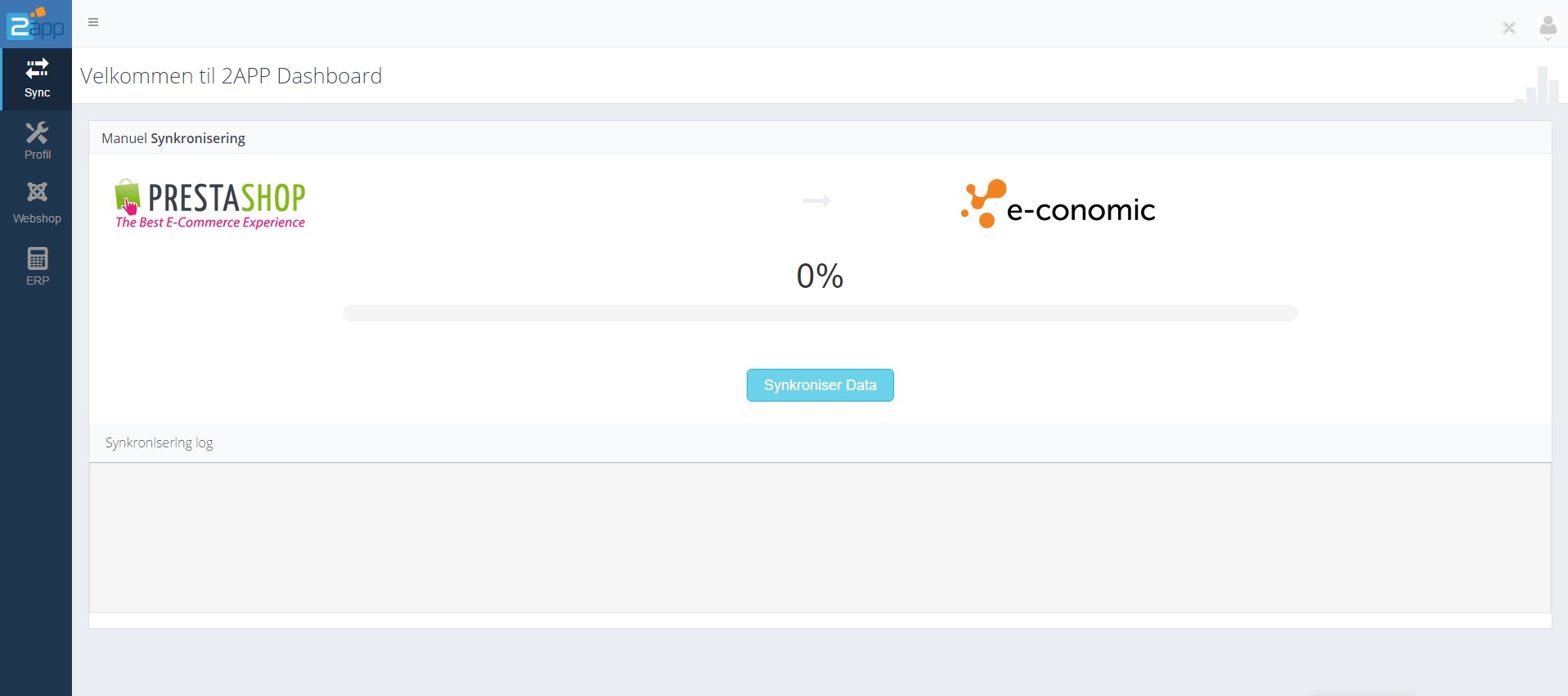 App screenshot: PrestaShop til e-conomic