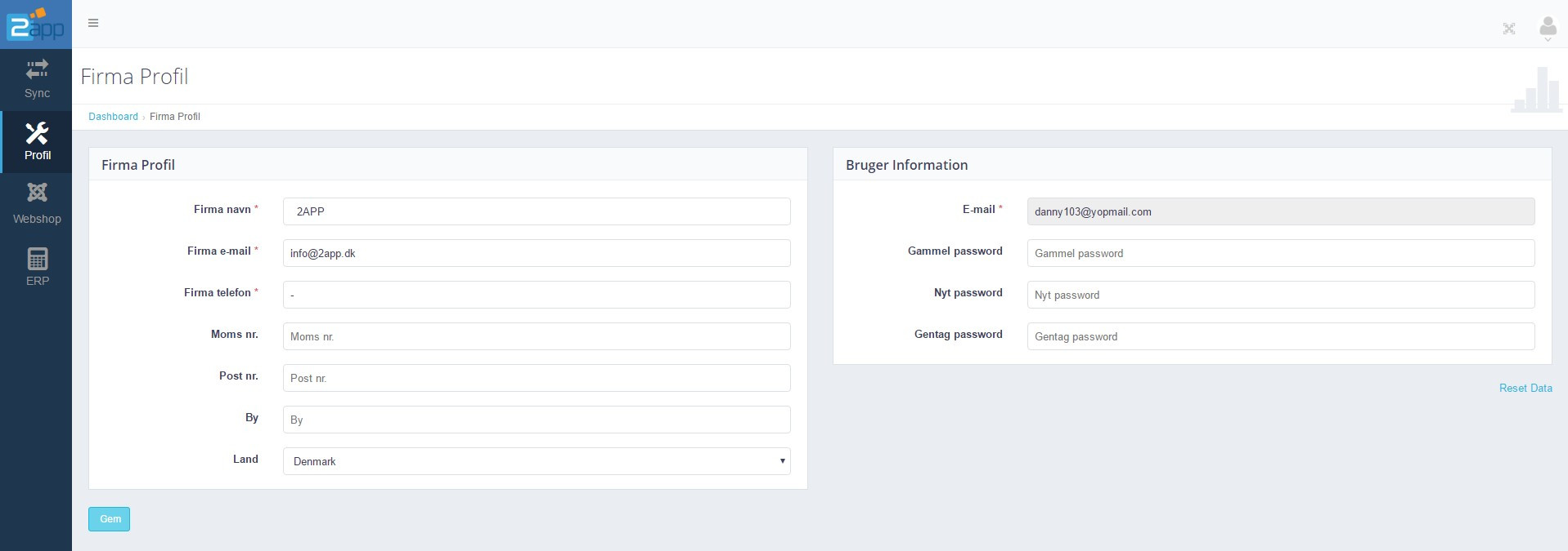 App screenshot: PrestaShop til e-conomic