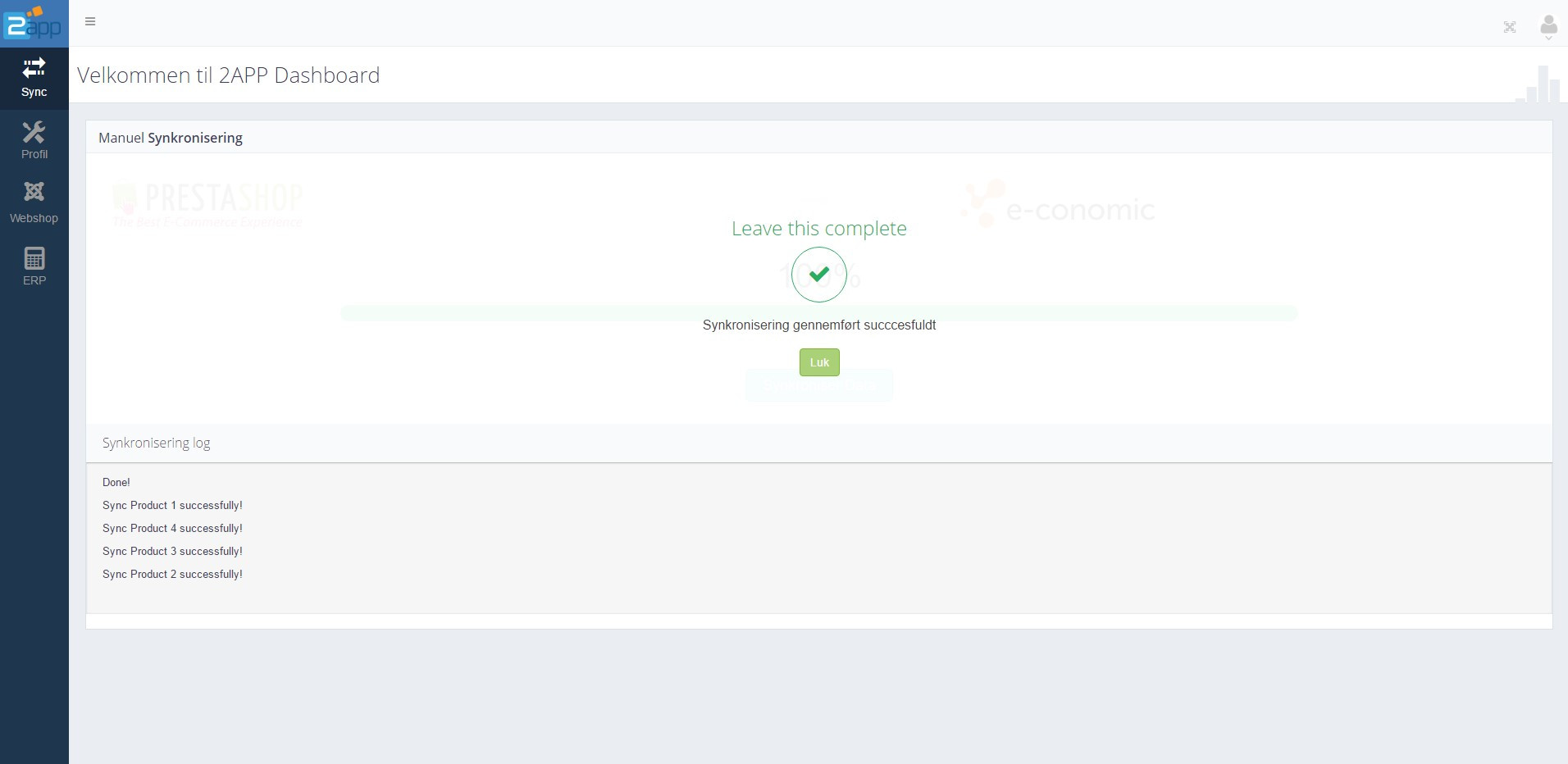 App screenshot: PrestaShop til e-conomic