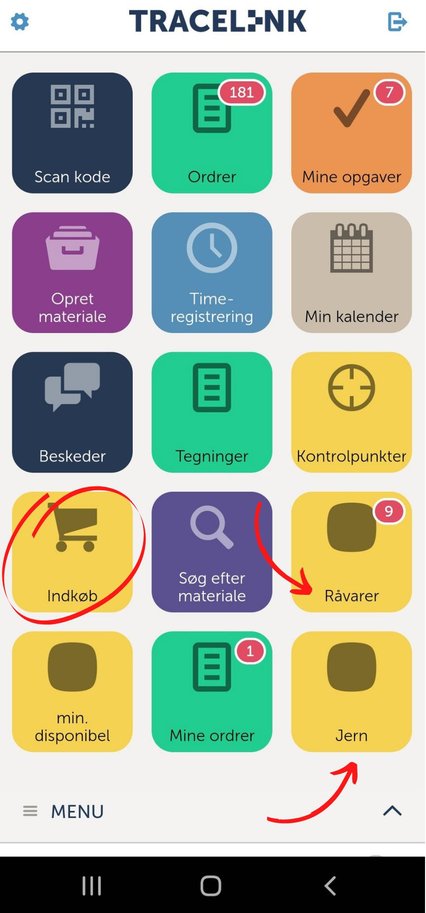 App screenshot: Tracelink - Lager og indkøb