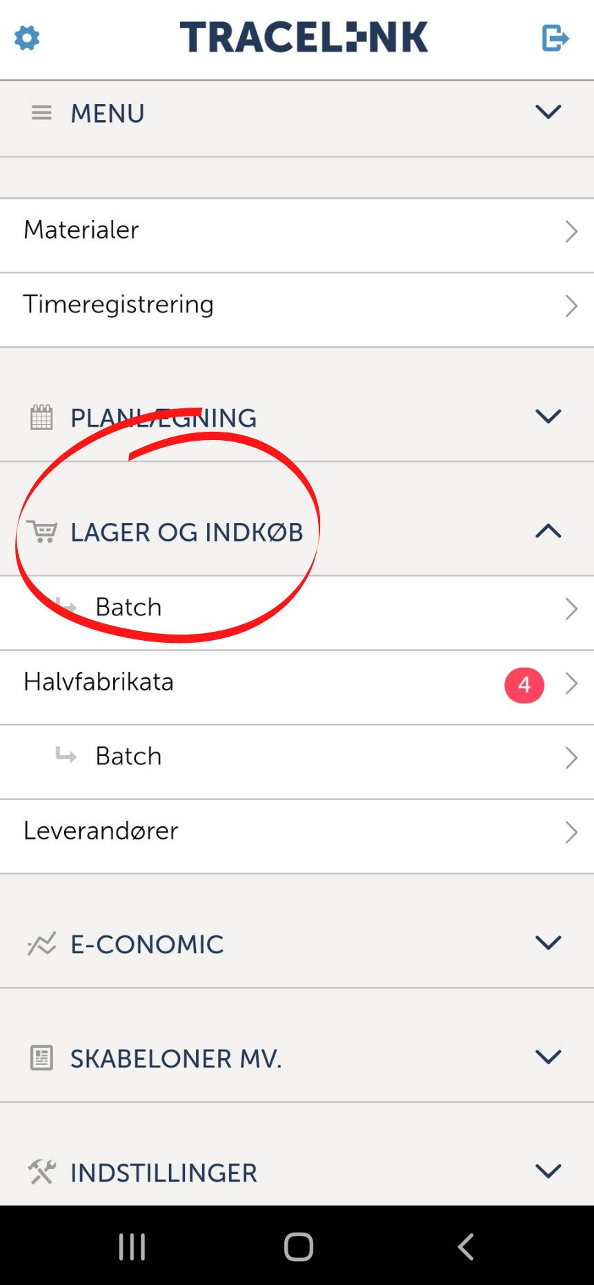 App screenshot: Tracelink - Lager og indkøb